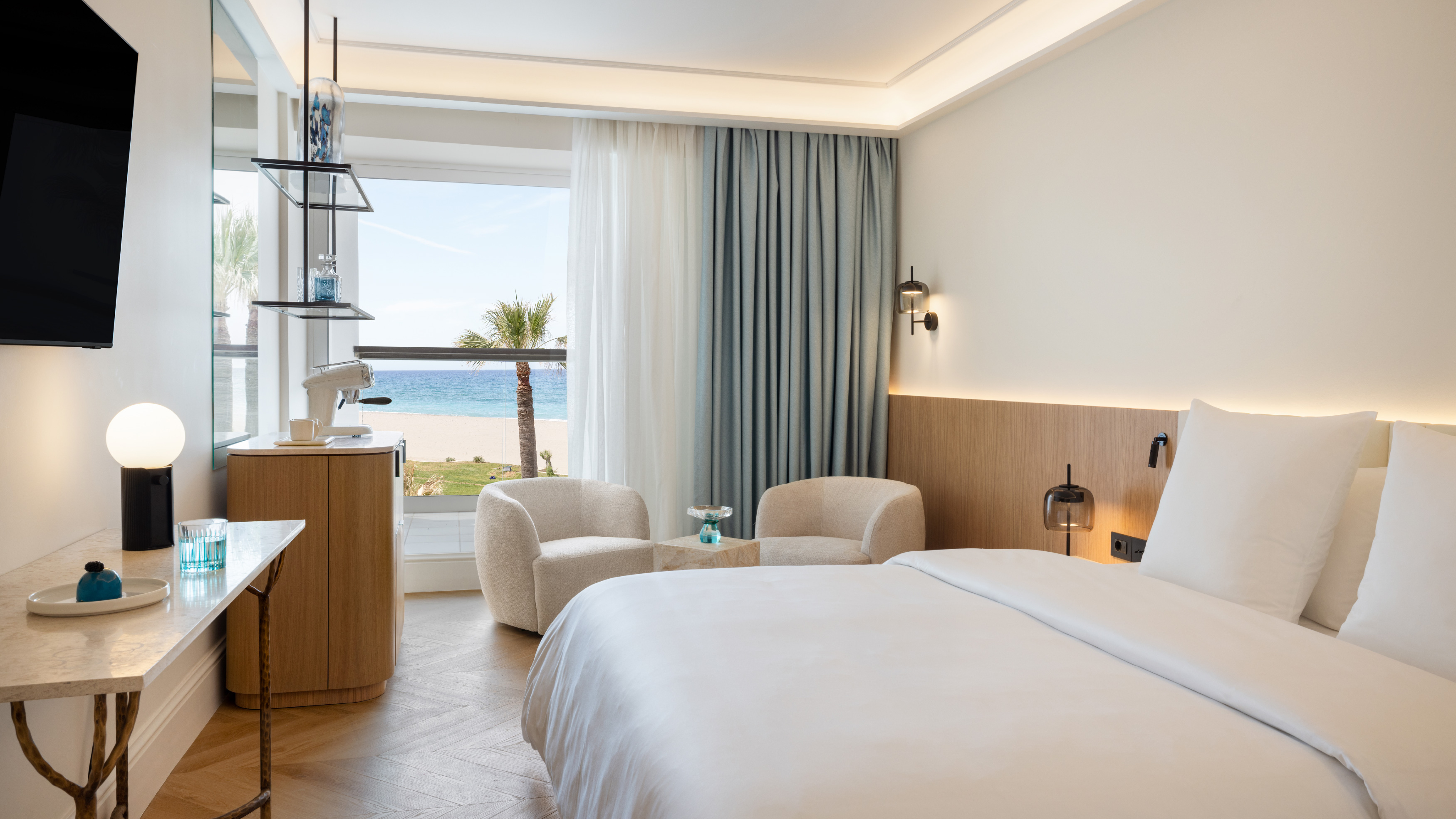 Superior double sea view room interior at Grecotel Creta Palace
