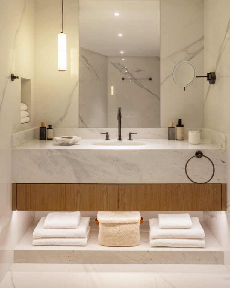 Bathroom details of superior double panoramic sea view room at Grecotel Creta Palace