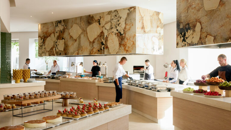 Labyrinth atrium restaurant dining at Grecotel Creta Palace in Crete