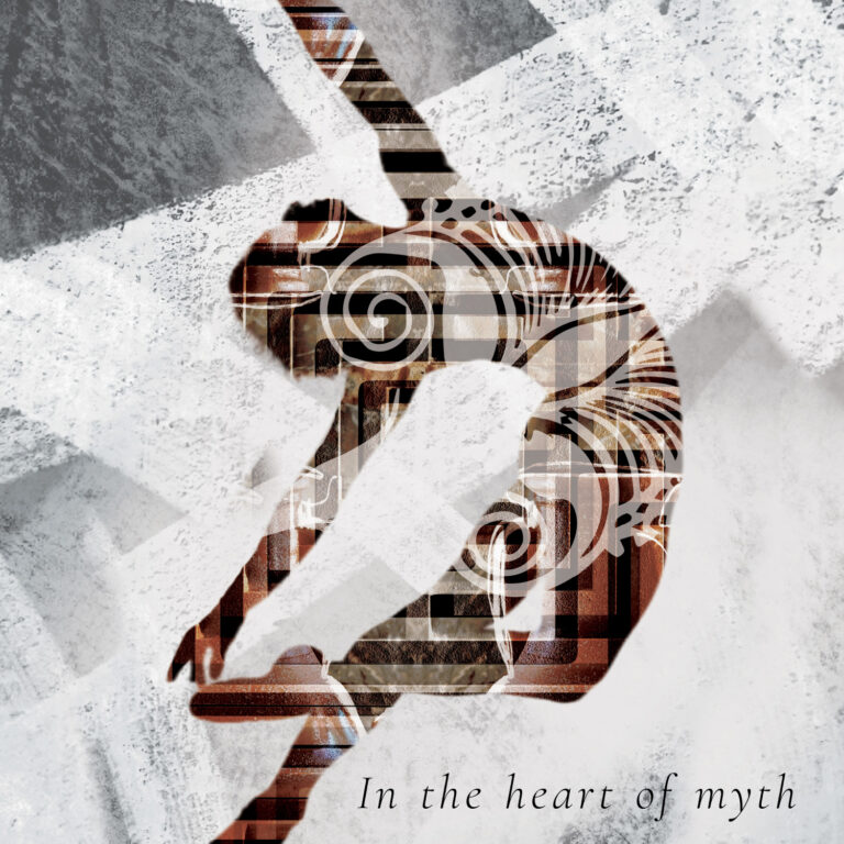 Abstract artwork featuring a stylized ram with geometric patterns and the text “In the heart of myth.”