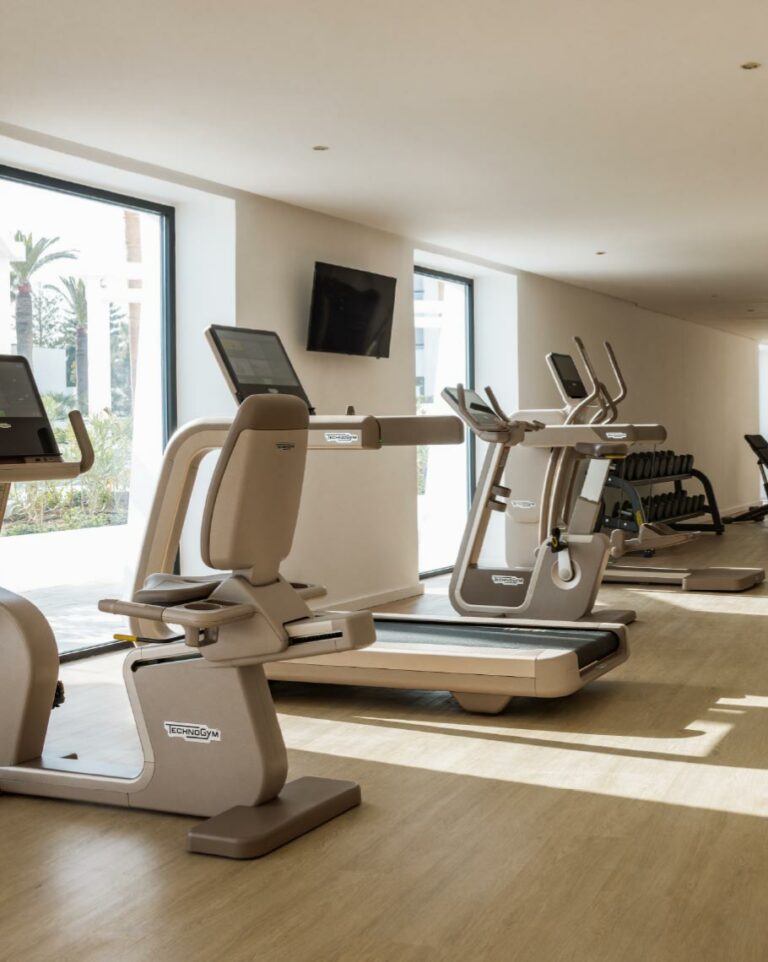 Gym at Grecotel Creta Palace equipped with modern Technogym fitness equipment and views of the pools.