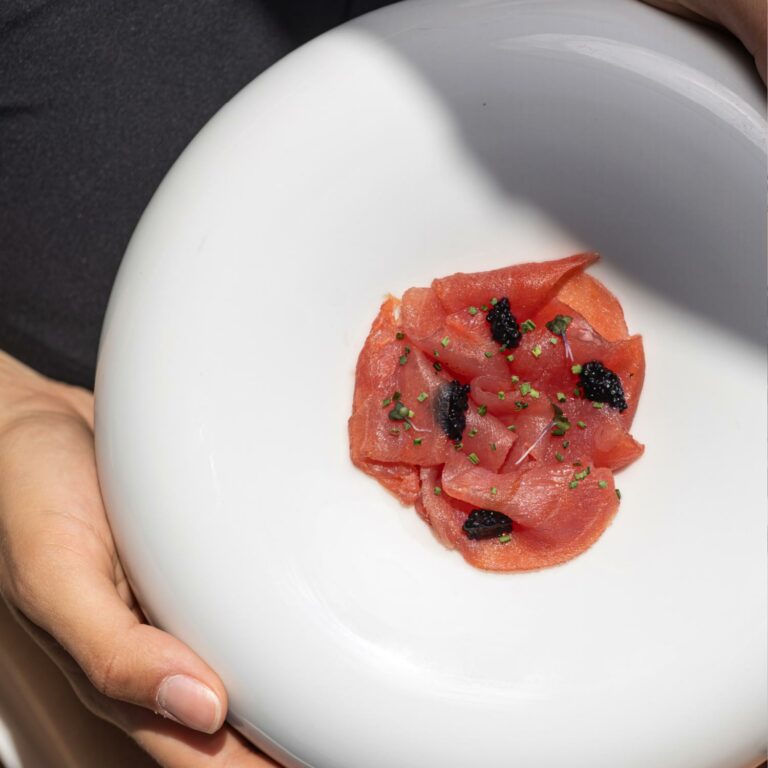 Gourmet tuna tartare with black caviar served at Brasserie Ariadne