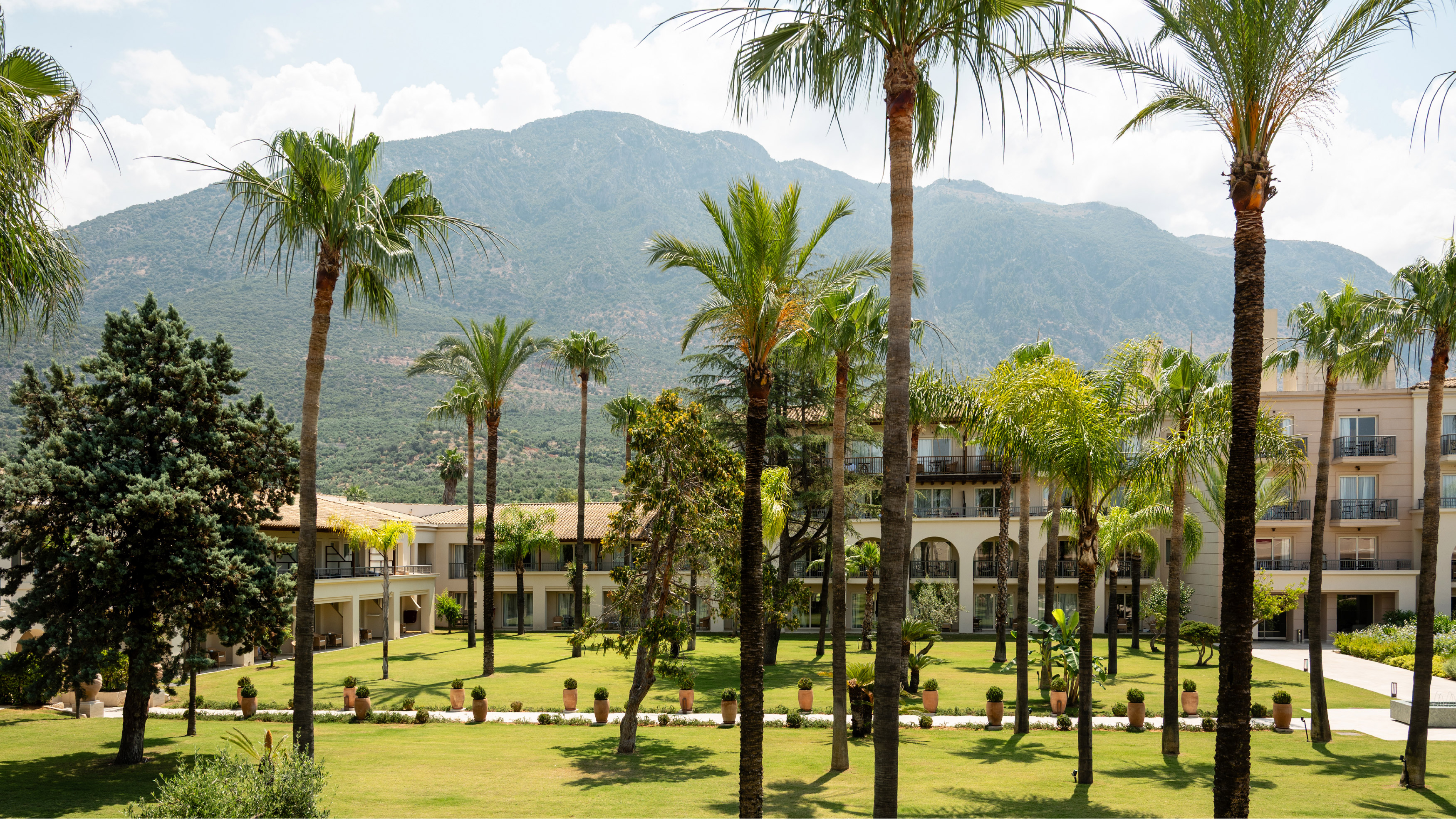 Palm gardens and mountain views at Grecotel Filoxenia Kalamata