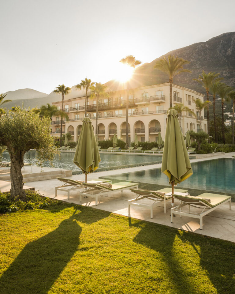 Filoxenia Kalamata hotel and swimming pool at sunset