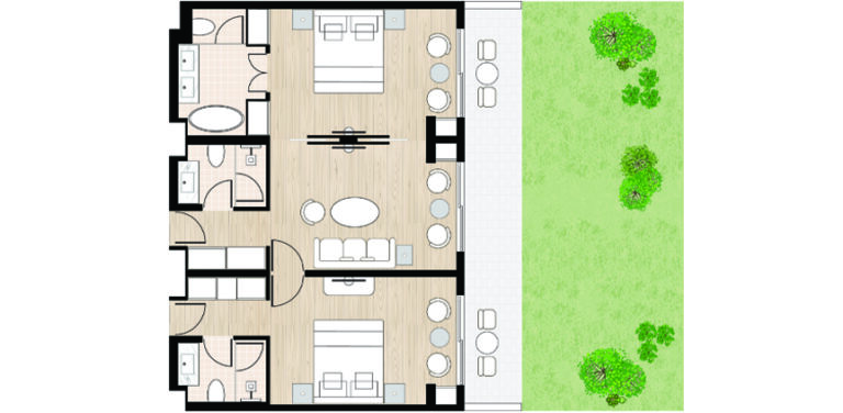 Floor plan of the Two Bedroom Luxury Suite with garden
