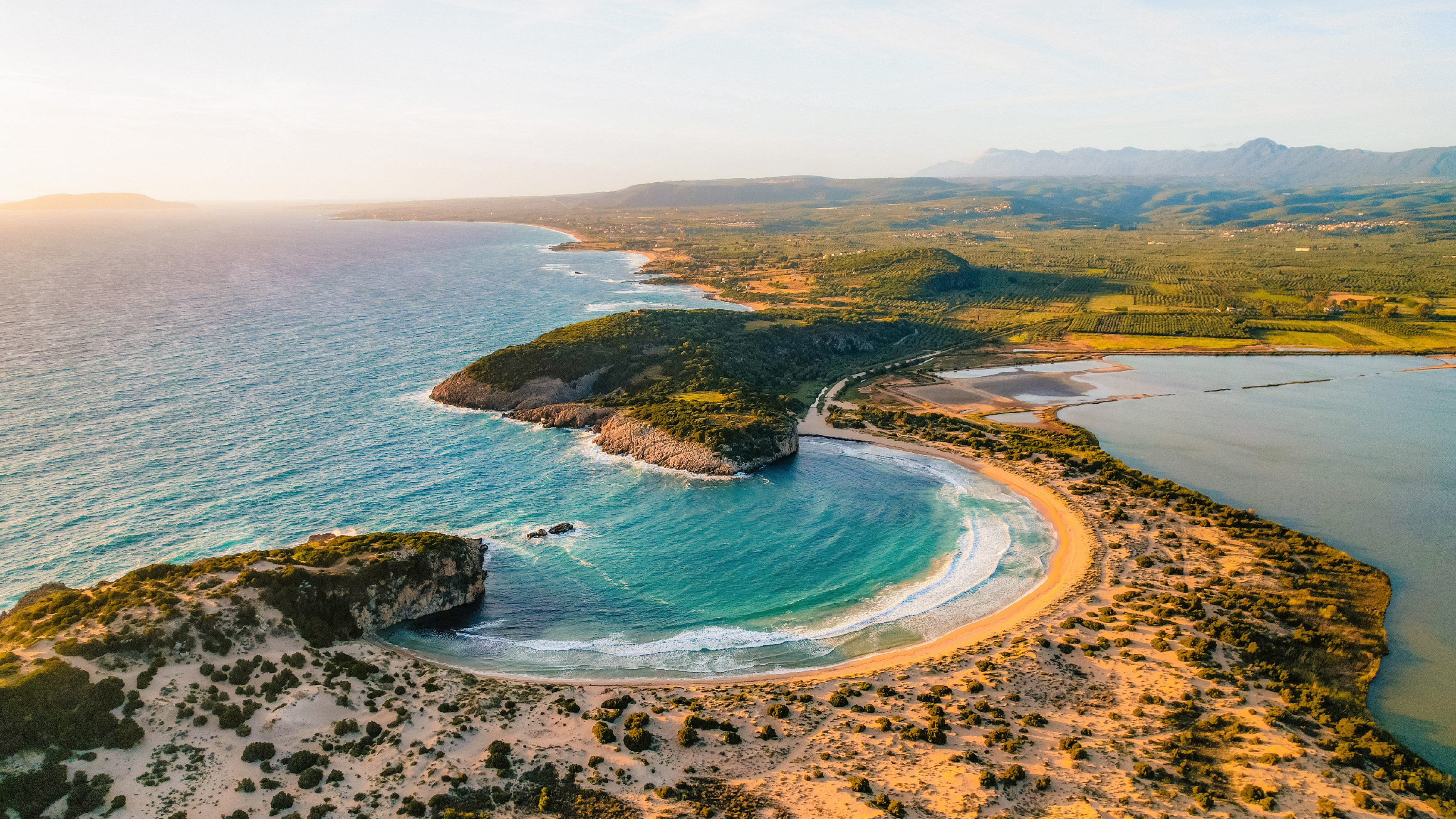 Aerial view of Voidokilia Beach and the surrounding Messinian coastline in the Peloponnese