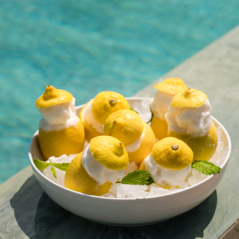 Lemon desserts served on ice by the pool at Grecotel Filoxenia Kalamata