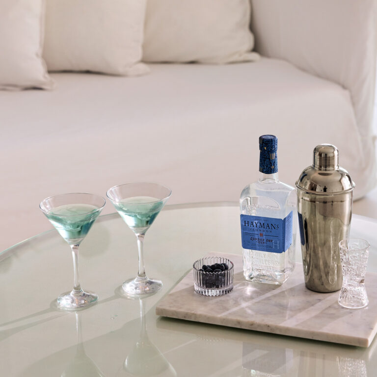 Welcome cocktails and drinks in a Grecotel LUXME White Crete Grand Family Suite.