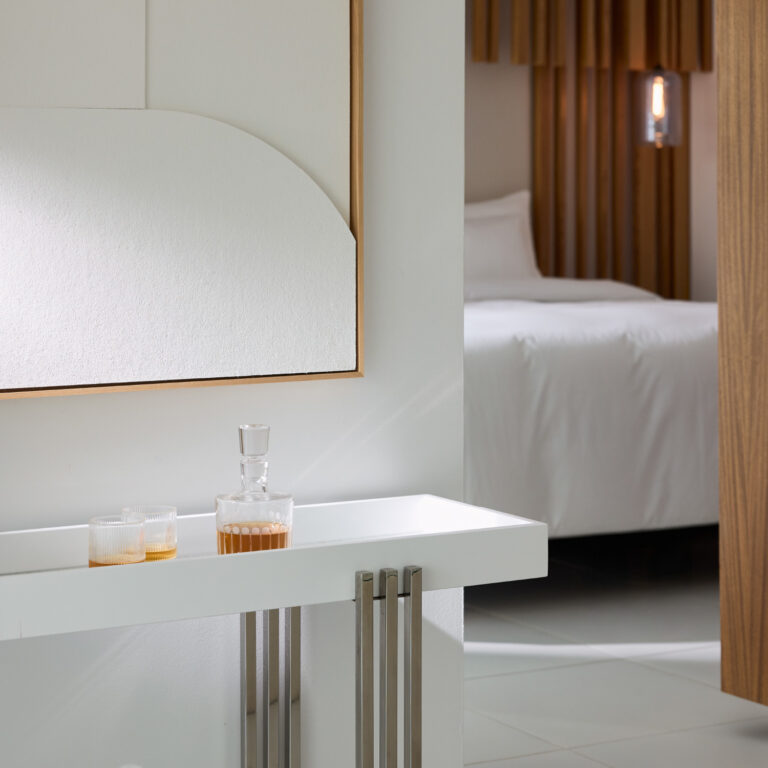 Drinks and glasses on a table in a Grecotel LUXME White Crete Villa Luxe Yali.