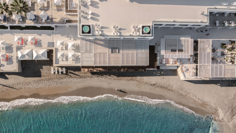 Aerial view of Lobsteria and the beachfront at Grecotel LUXME White Crete.