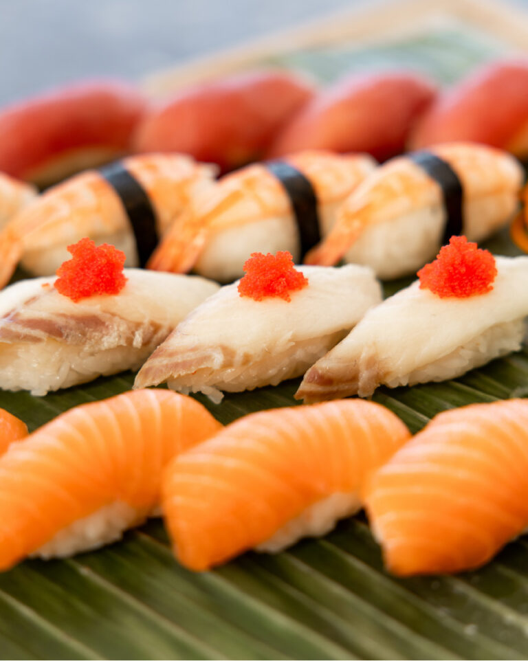 Assorted sushi including salmon and shrimp at Grecotel LUXME White Crete.