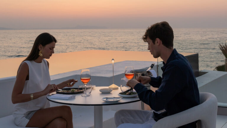 Guests dining at The White Restaurant overlooking the sea at Grecotel LUXME White Crete.