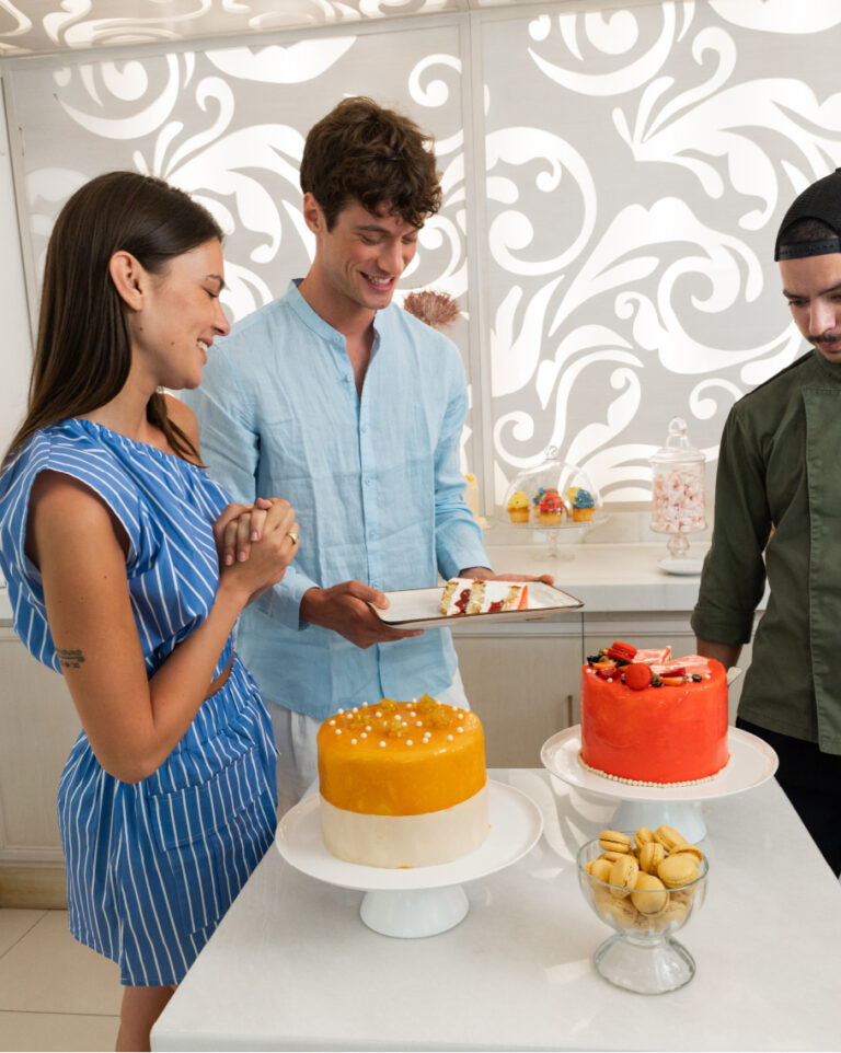 Cakes and macarons at the Patisserie and Chocolaterie at Grecotel LUXME White Crete.