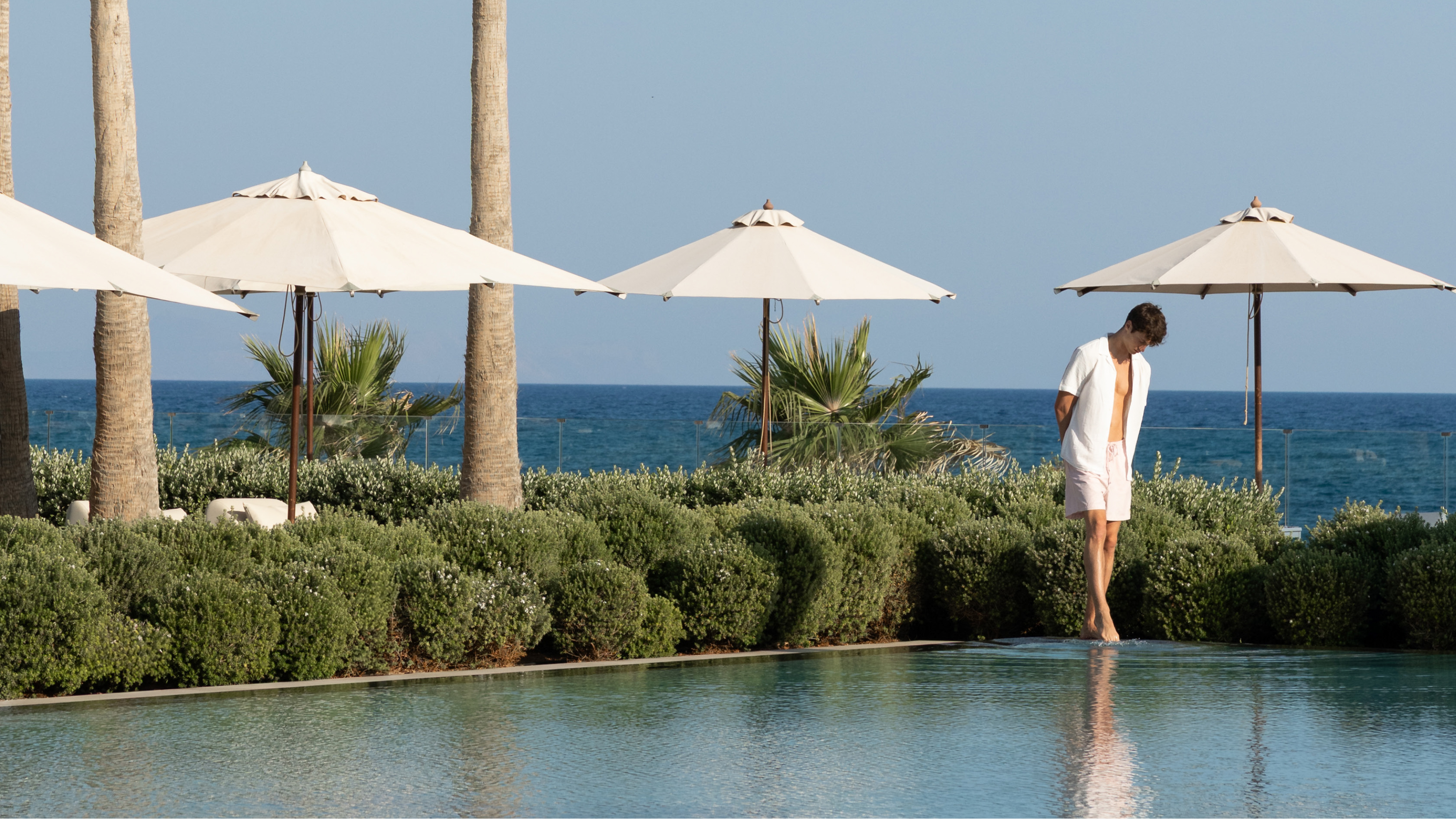 Grecotel LUXME White Crete pool with palm trees, sun umbrellas and sea view.