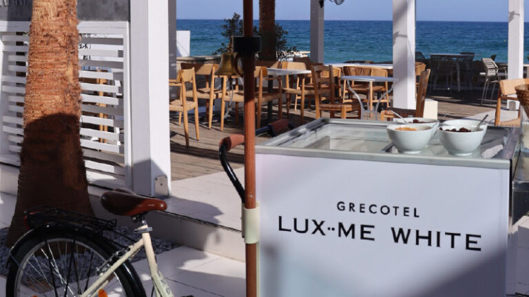 Dessert trolley beside the sea at Grecotel LUXME White Crete.